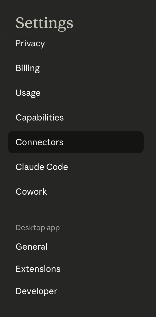 Claude Settings sidebar with Connectors