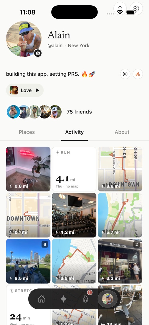 A profile's activity grid of walks, runs and workouts with photos and route maps