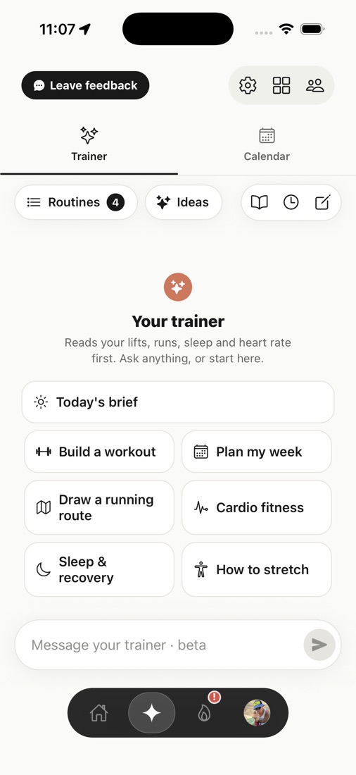 The trainer home: today's brief, build a workout, plan my week, draw a running route