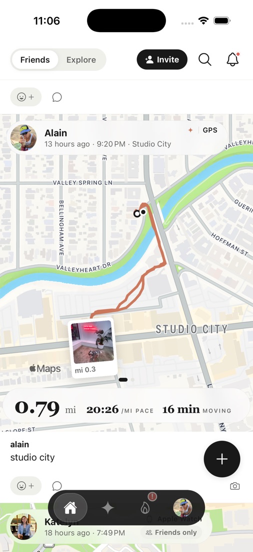 A walk in the feed: the route along the river on a map, with a photo pinned where it was taken